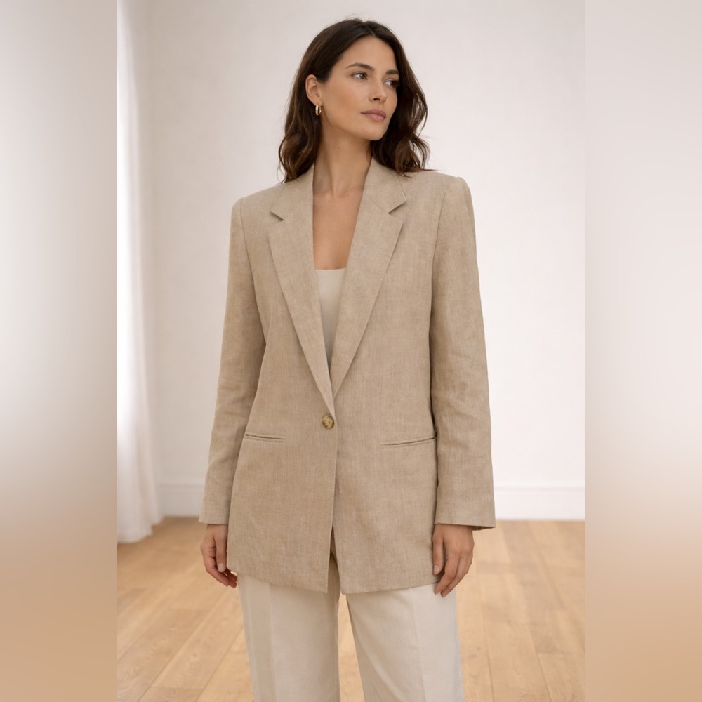 NY sake 100% Linen Blazer Jacket 6 Beige Tan Shoulder Pad One Button Classic